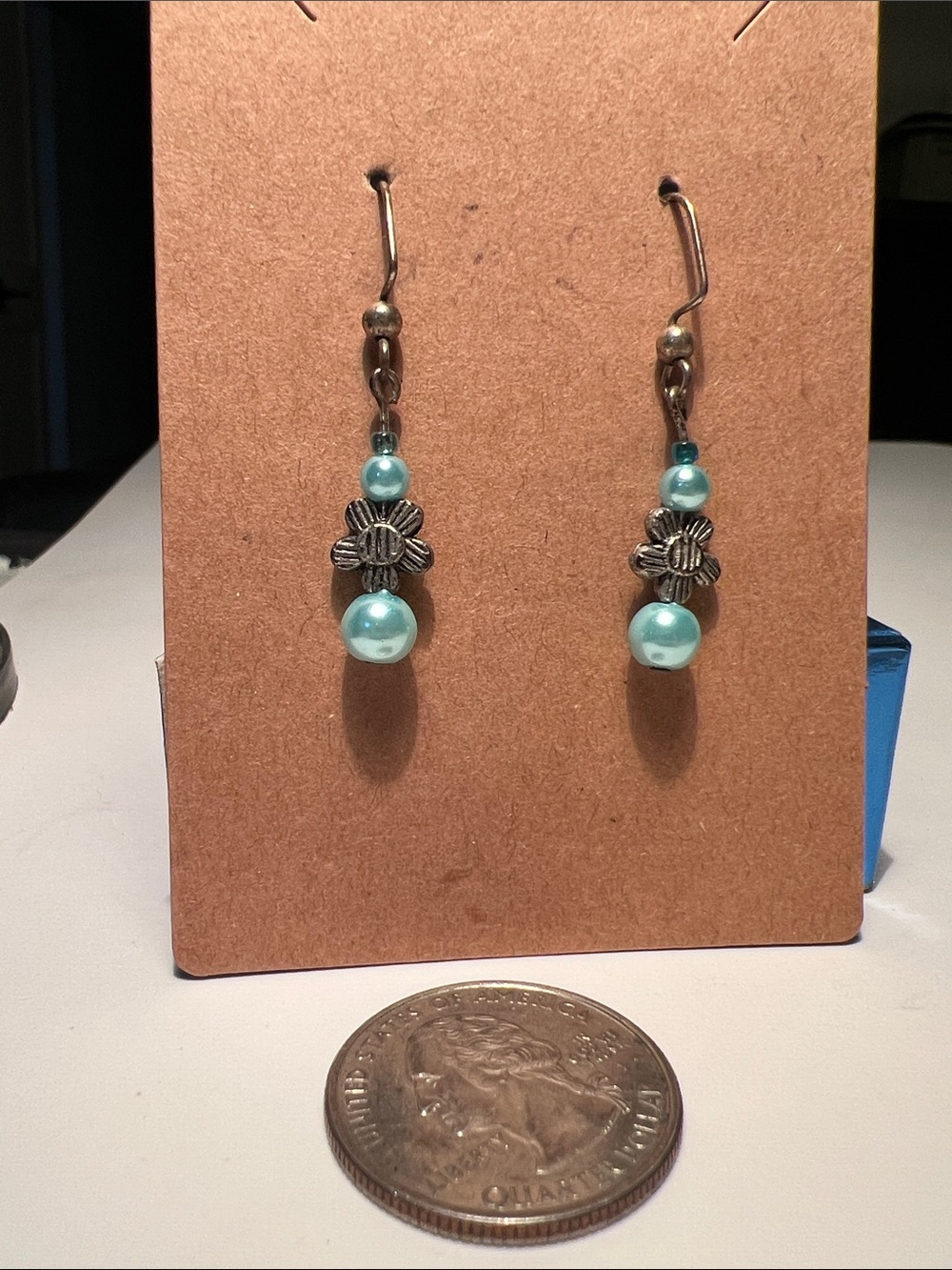 Silver Flower Drop Earrings with Light Blue Pearls